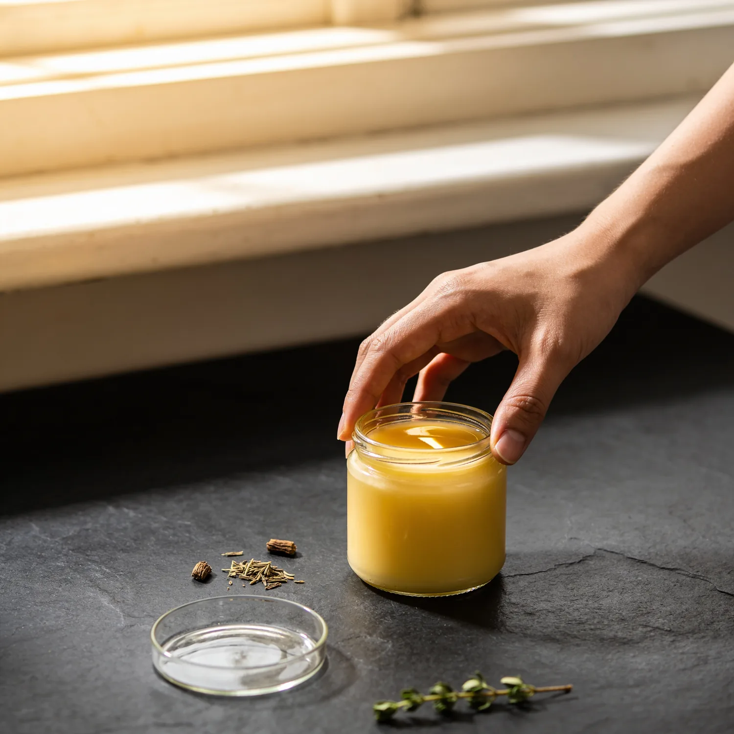 A hand lifting a jar of Milkio ghee on a kitchen counter in soft window light